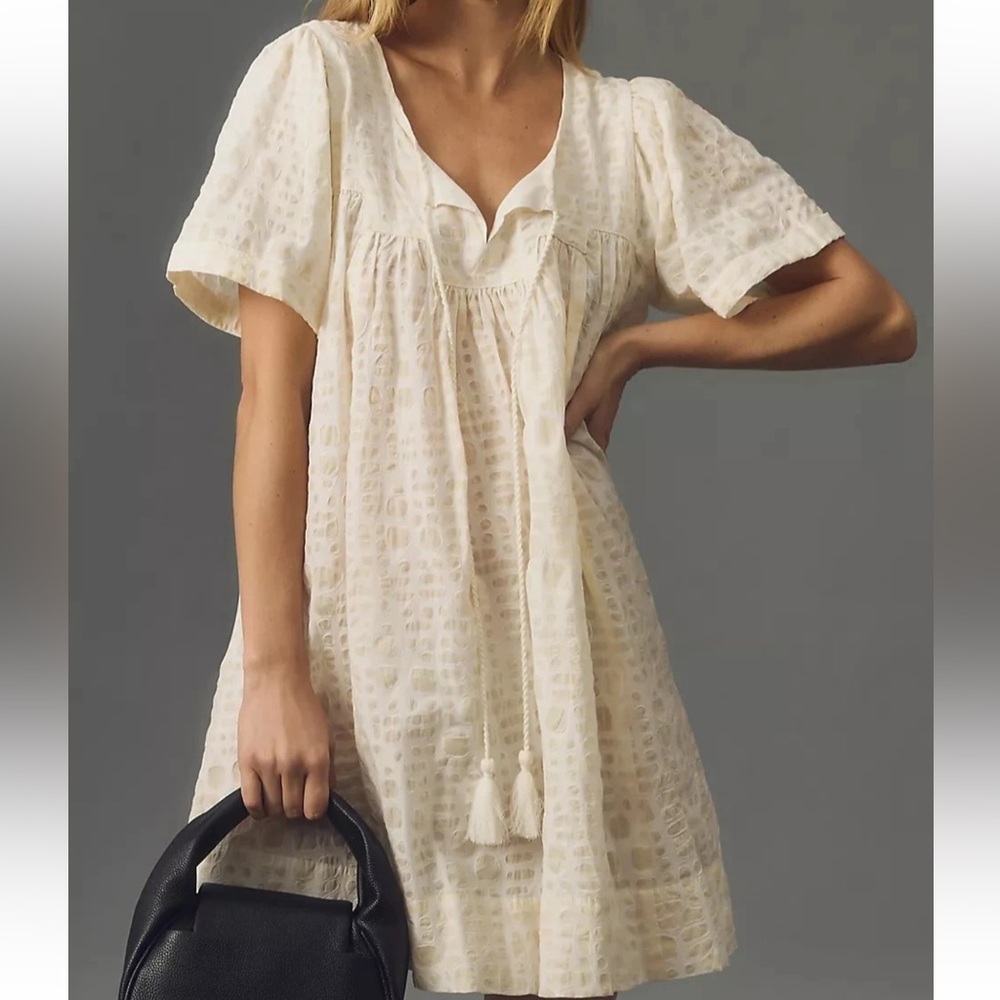 Anthropologie Porridge Mini Dress Size S Short-Sleeve Textured Bubble Ivory